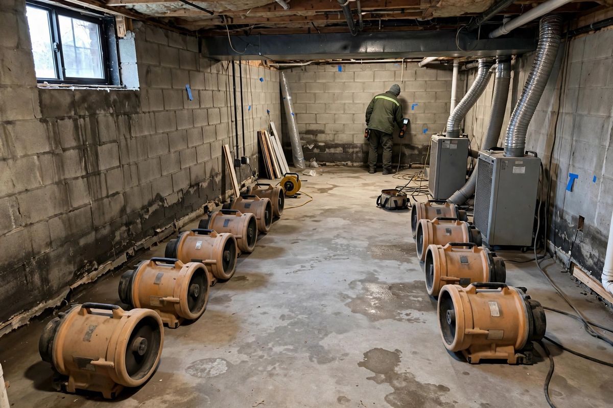 Industrial air movers and dehumidifiers drying a flooded basement in Renton