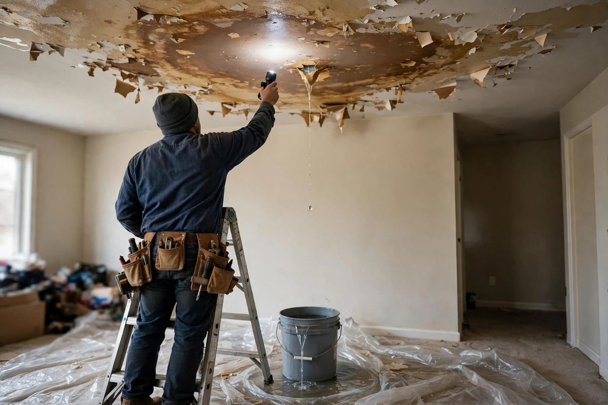 Worker on a ladder inspecting a water-stained ceiling and slow leak in a Renton home