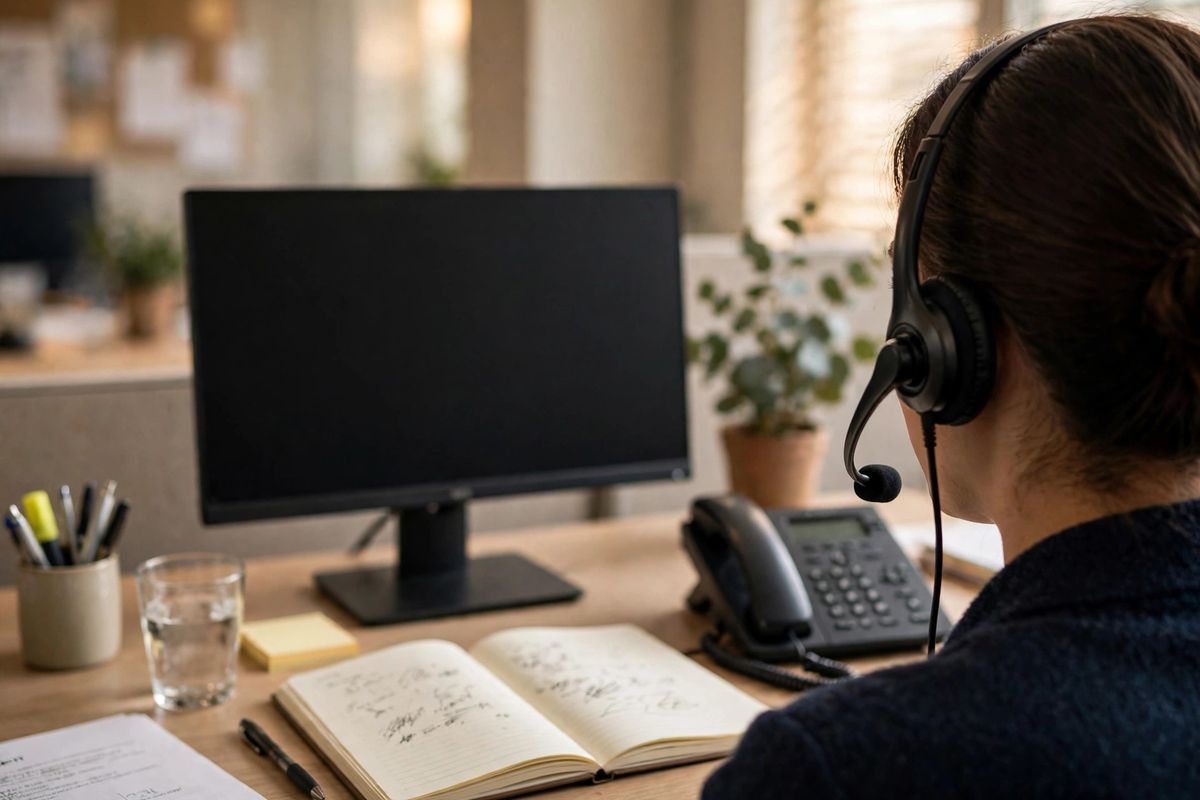 Support representative with a headset at a desk, ready to connect Renton callers with a local professional