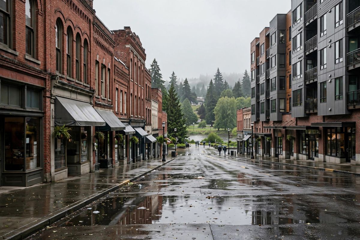 Historic brick storefronts and modern apartments on a main street in downtown Renton