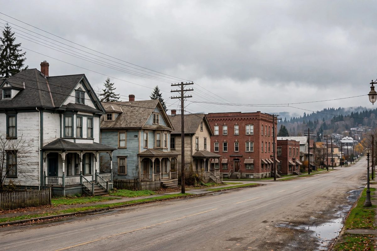 Historic homes and brick apartment buildings on a valley-floor street in downtown Renton, ZIP code 98057