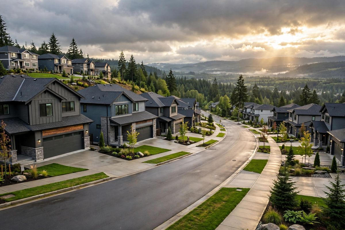 Newer two-story homes on the hillside plateau of East Renton Highlands