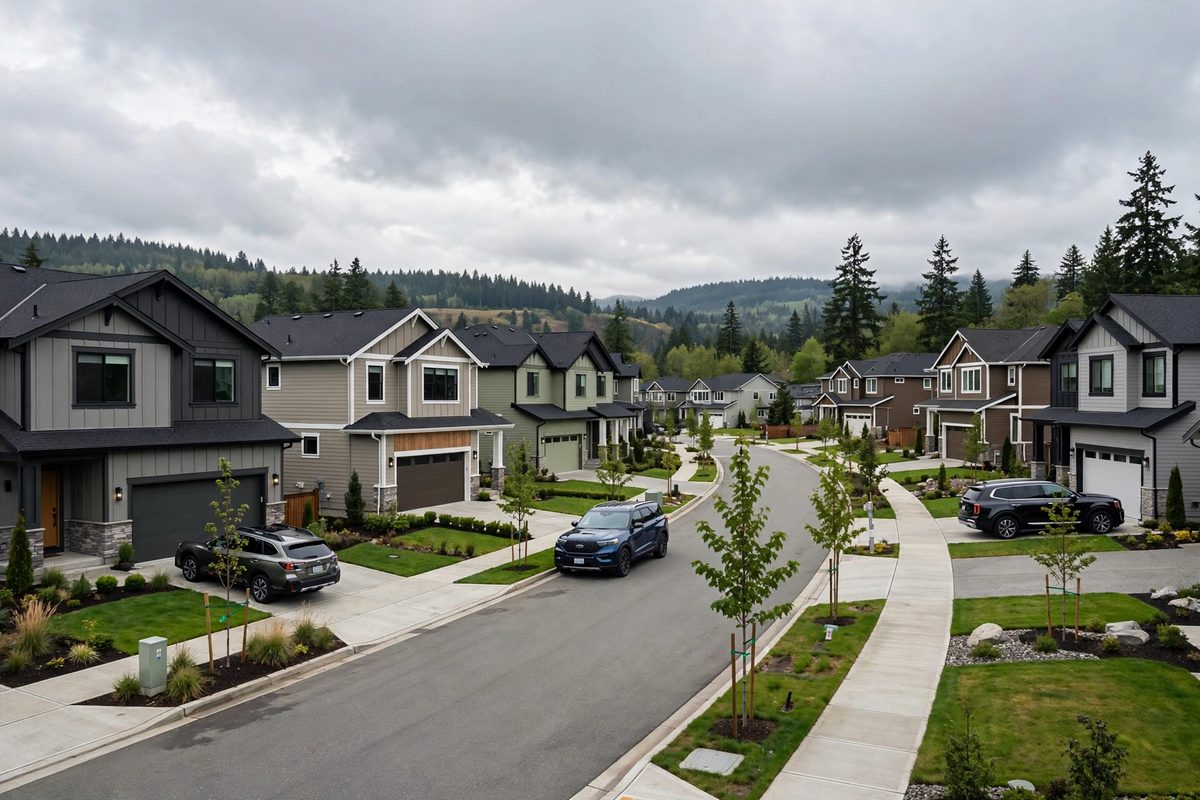 Newer two-story homes on a plateau street in East Renton Highlands, ZIP code 98059