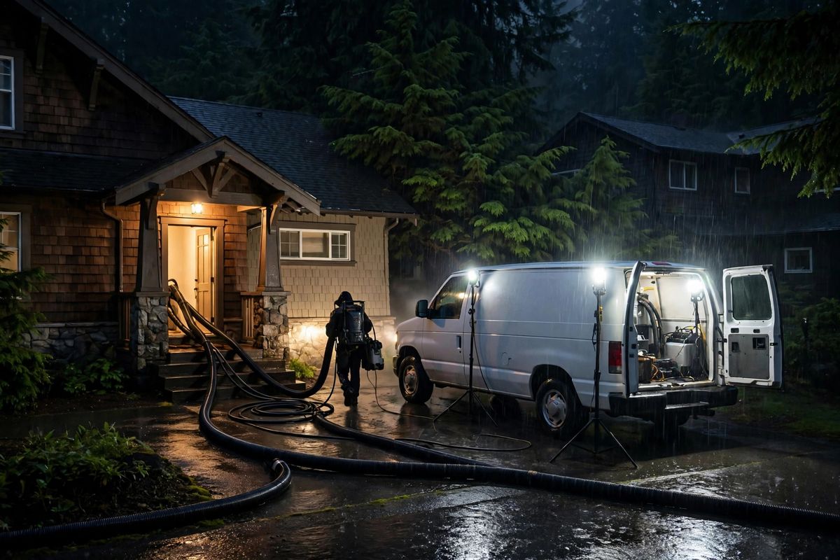 Emergency water extraction at night outside a Renton home, with hoses running from an unmarked service van