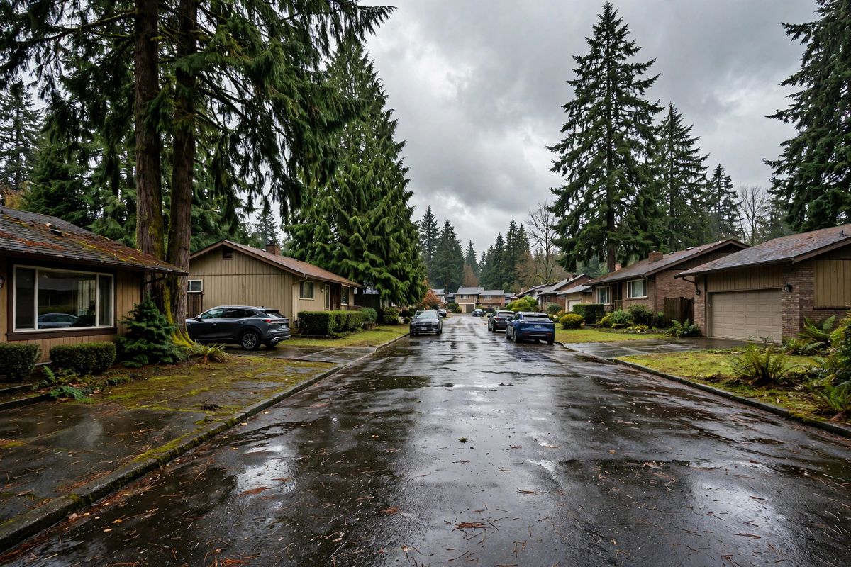 1970s single-family homes on a tree-lined street in Fairwood, Renton, after rain