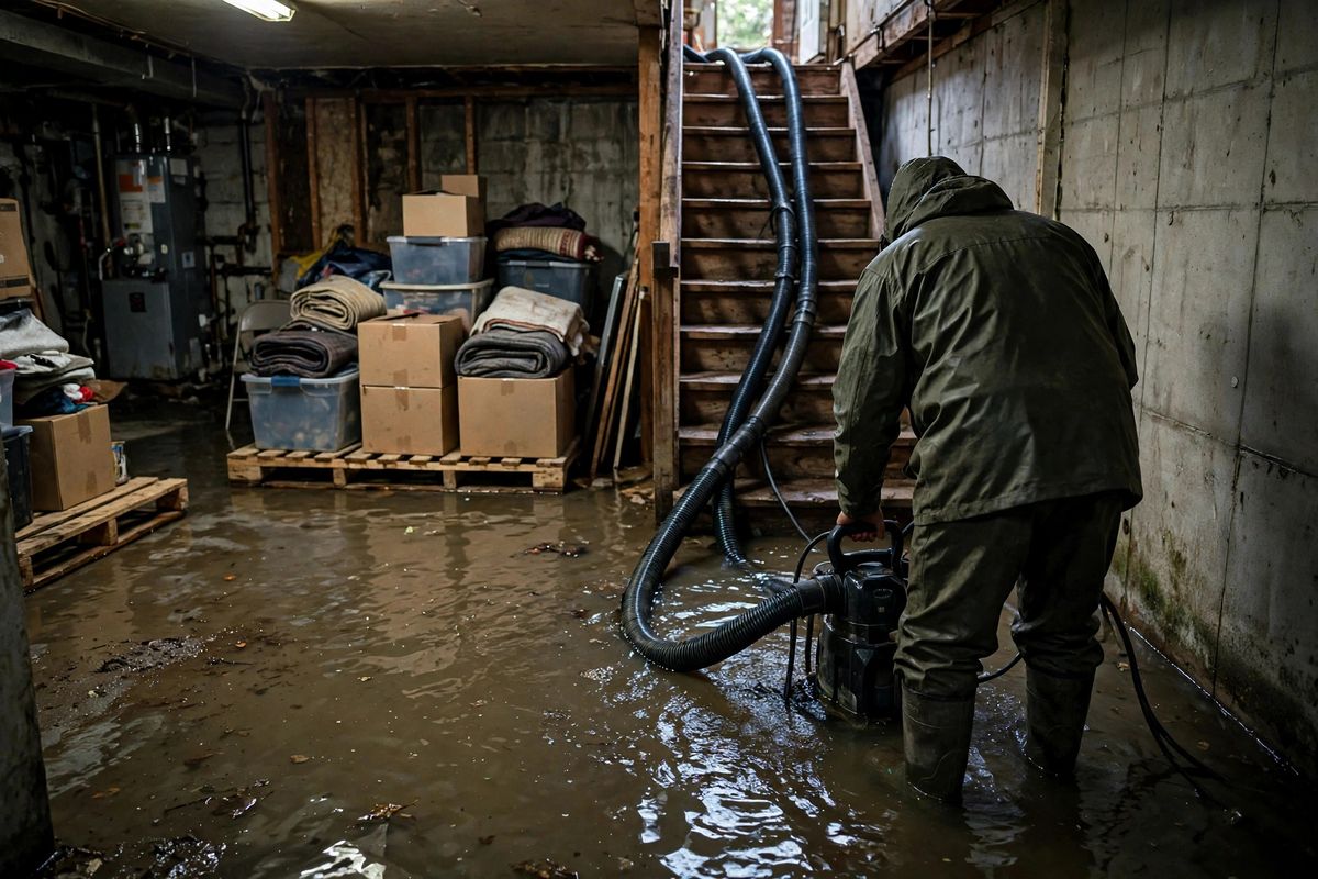 Pump and hoses removing flood water from a residential basement in Renton