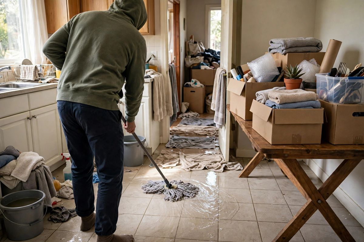 Homeowner mopping standing water and moving belongings to safety after a leak