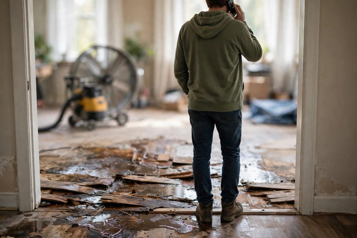 Renton homeowner on the phone beside a water-damaged room while drying equipment runs