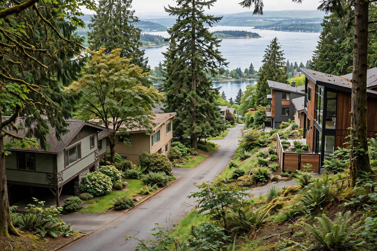 Homes on a sloping street above the Lake Washington shoreline in Kennydale, Renton, ZIP code 98056