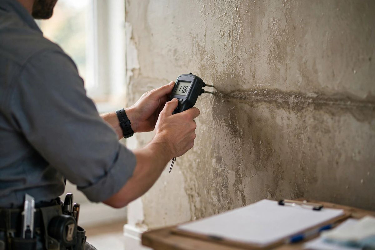Technician checking wall moisture with a digital meter during a water damage inspection in a Renton home