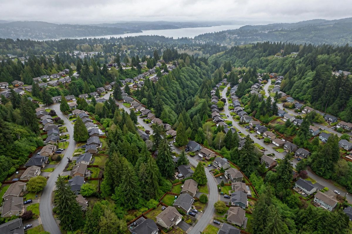 Aerial view of a green Renton neighbourhood with forested hills and Lake Washington in the distance