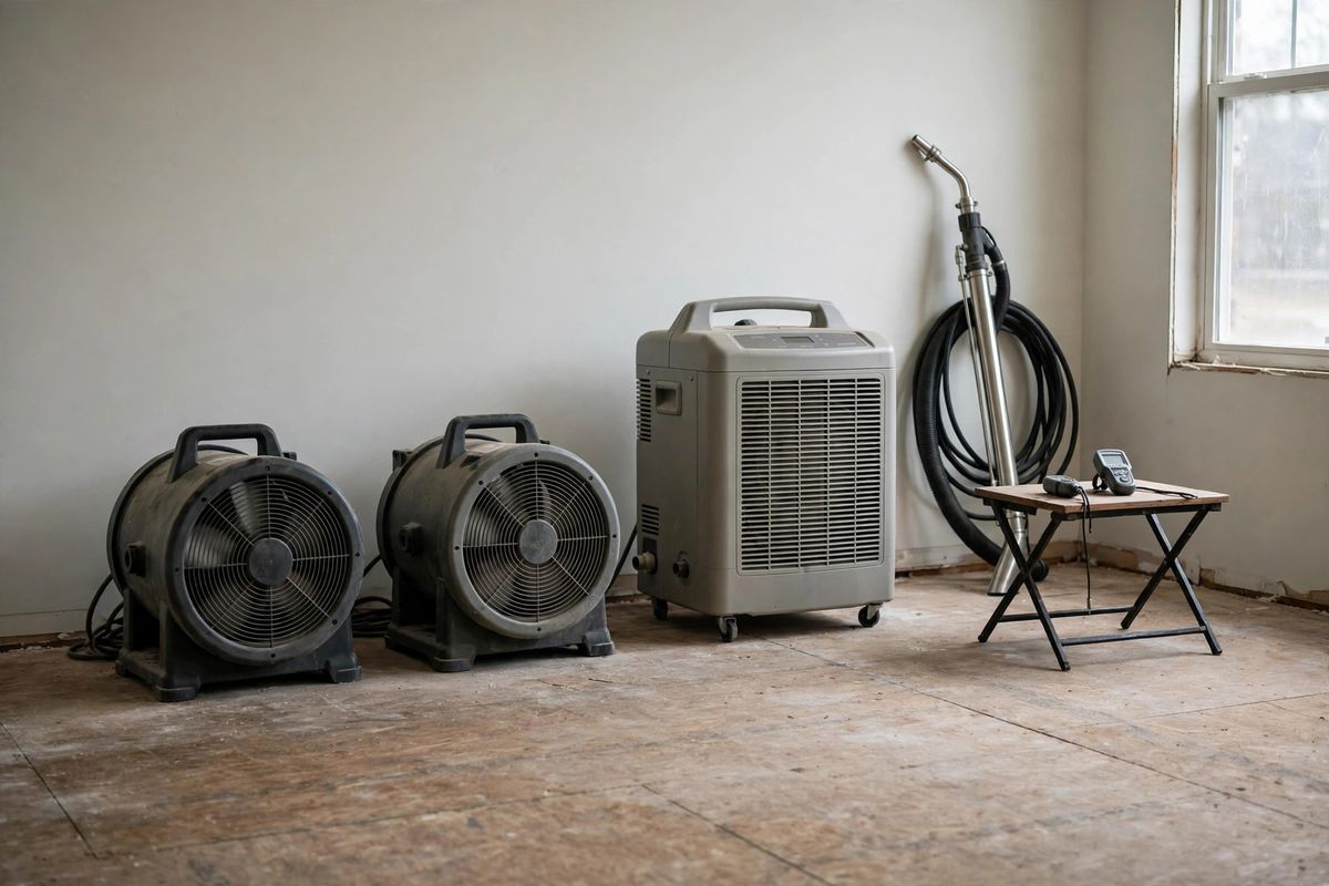 Professional drying fans, a dehumidifier and an extraction wand lined up in an empty room