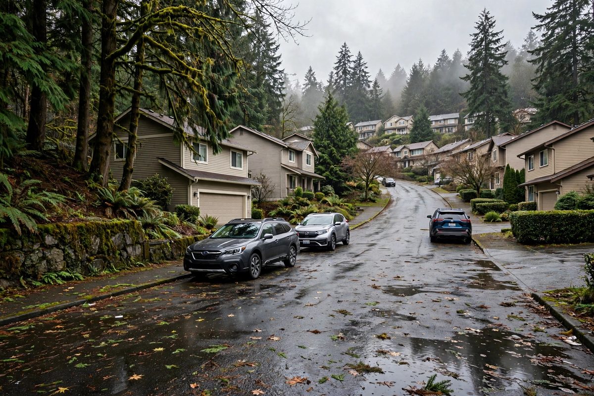 1990s hillside homes on a tree-lined street in Talbot Hill and South Renton, ZIP code 98055