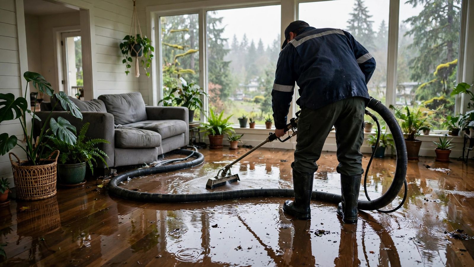 Water damage restoration technician extracting standing water from the living room of a Renton home