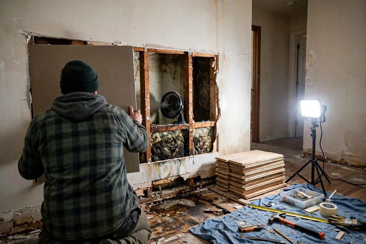 Worker fitting a replacement drywall panel while repairing water-damaged walls in a Renton home